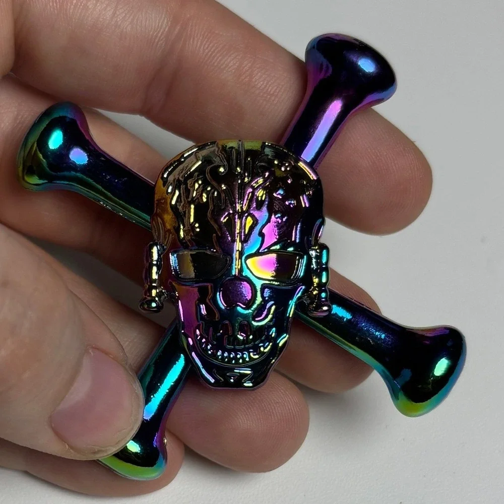 Iridescent‎ Skull and Crossbones Metal Fidget Spinner Rainbow Oil Slick Finish